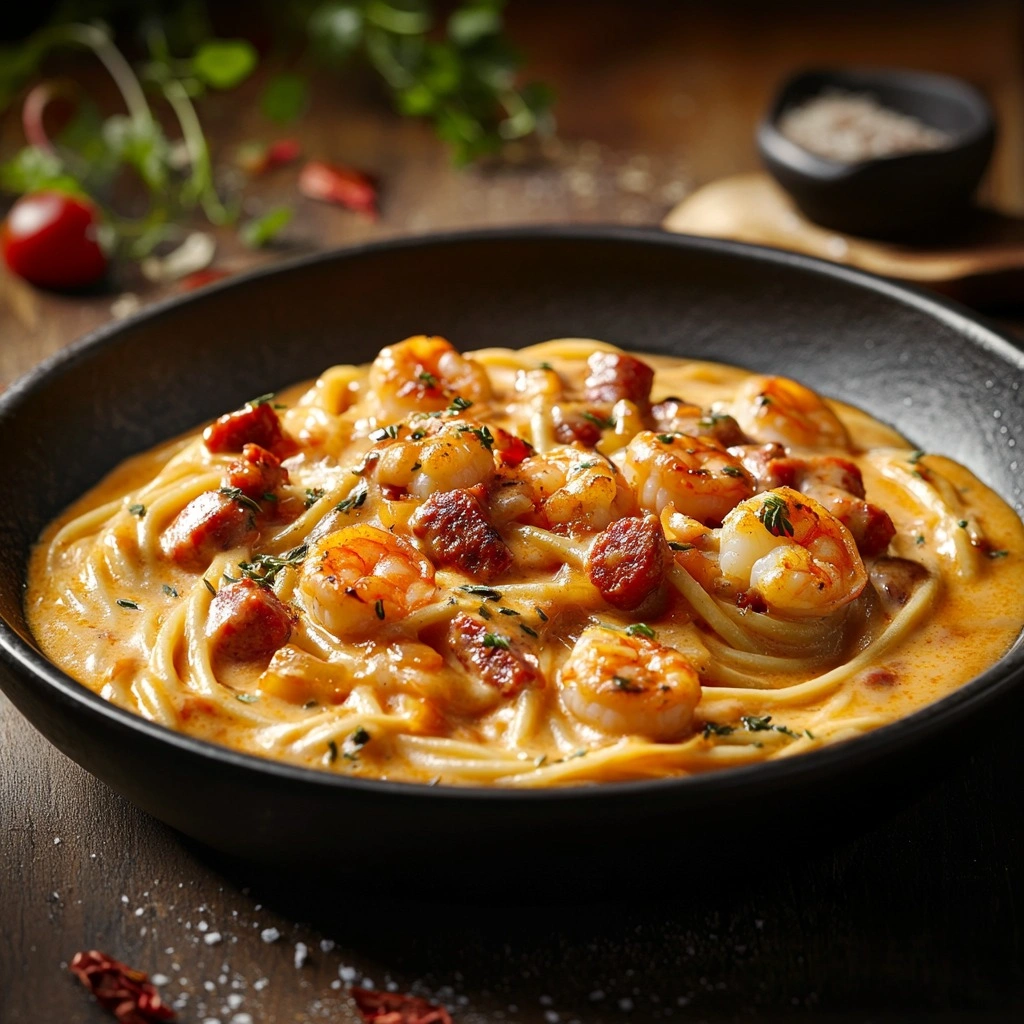 Spaghetti à la crème de poivron, chorizo et crevettes
