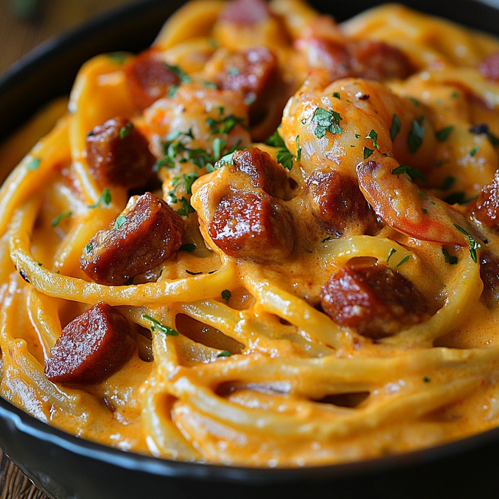 Spaghetti à la crème de poivron, chorizo et crevettes
