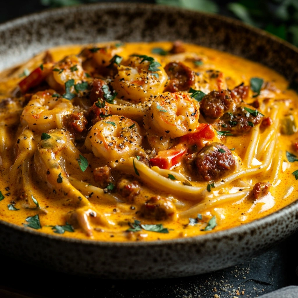 Spaghetti à la crème de poivron, chorizo et crevettes