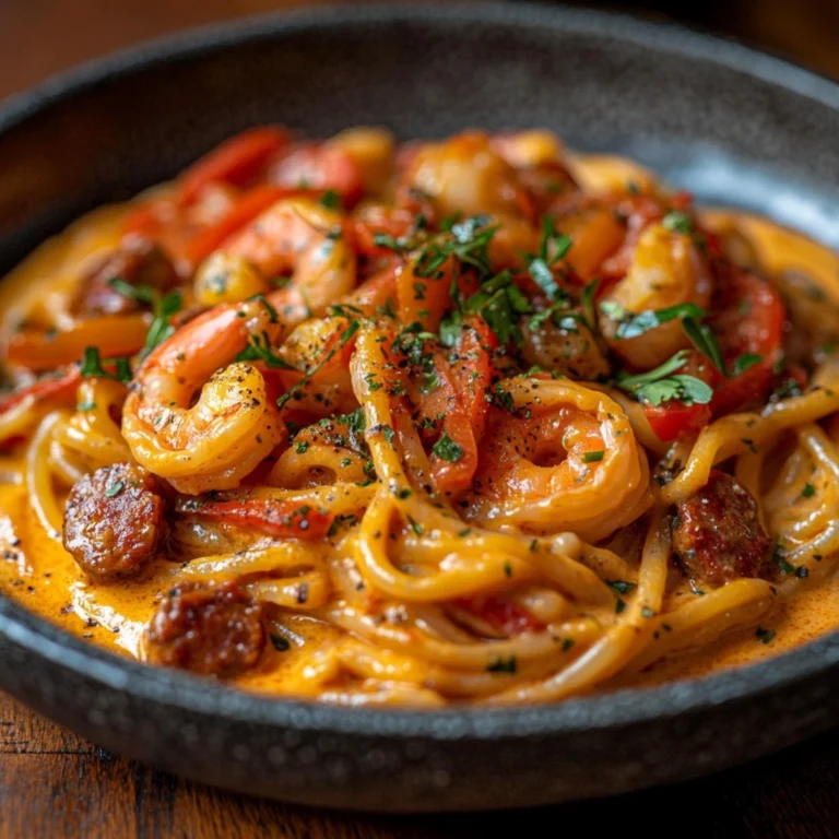 Spaghetti à la crème de poivron, chorizo et crevettes
