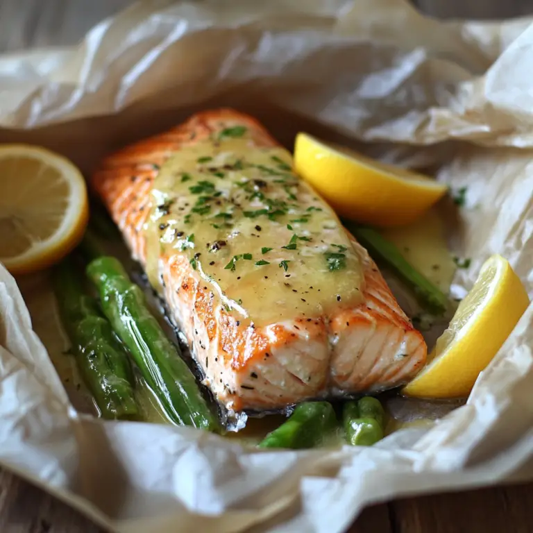 Saumon au Four en Papillote avec Asperges & Sauce au Beurre Citronné à l’Ail 🐟🍋