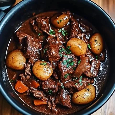 Boeuf Bourguignon mijoté avec des légumes et des herbes dans une cocotte