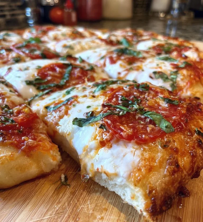 Pizza Margherita sur pain plat avec basilic, tomates et mozzarella fondante.