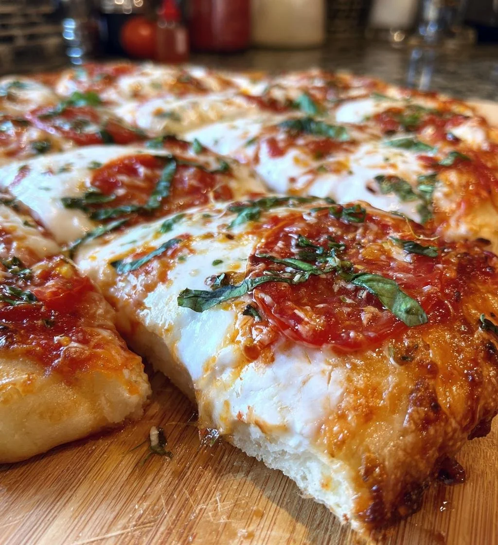 Pizza Margherita sur pain plat avec basilic, tomates et mozzarella fondante.