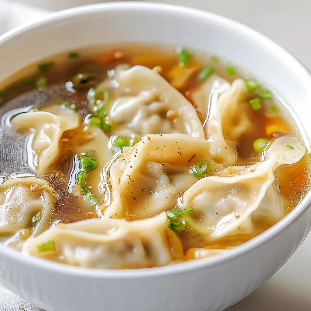 Bol de soupe de potstickers fumante avec légumes frais et raviolis chinois.